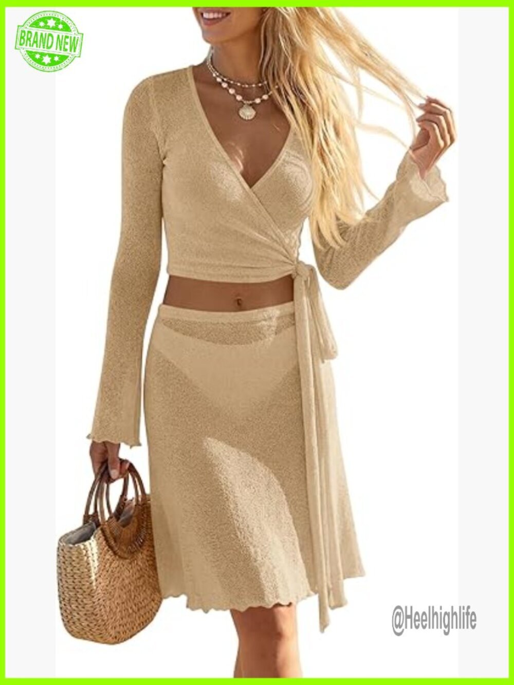 Crochet Sheer Wrap Tie Crop Top Mini Skirt Set Bikini Cover Up